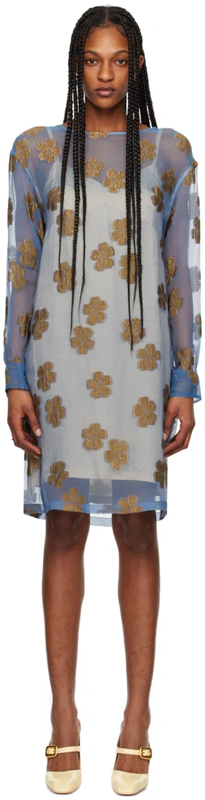 Dries Van Noten Blue Embroidered Midi Dress In 514 Light Blue