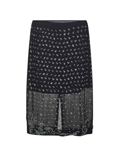 DRIES VAN NOTEN BLUE GEORGETTE JEWEL EMBELLISHED MIDI SKIRT