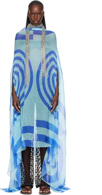Dries Van Noten Blue Silk Cape Maxi Dress