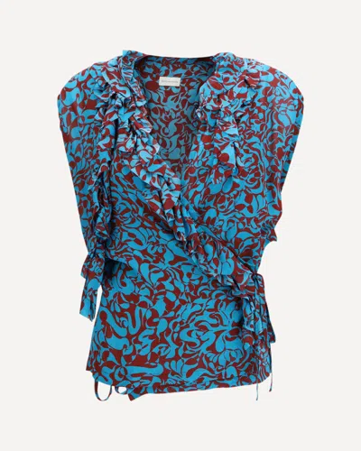 Dries Van Noten Clematis Blouse Abstract Ruffles Sleeveless Top In Blue