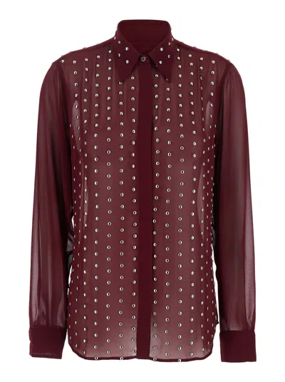 Dries Van Noten Bordeaux Shirt With Pointed Collar And All-over Applied Studs In Silk Woman In Multicolor