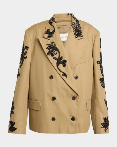 Dries Van Noten Bosea Embroidered Double-breasted Jacket In Brown