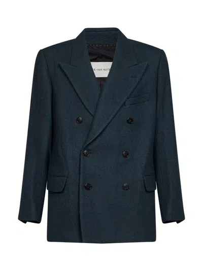 Dries Van Noten Bottle Green Wool Cloth Bosier Double-breasted Jacket In Blue