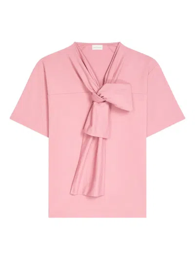 Dries Van Noten Bow Neck Cotton T-shirt In Pink
