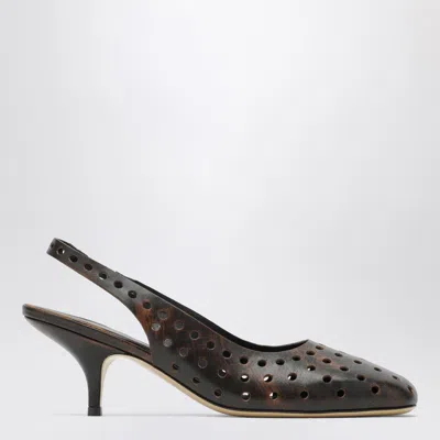 Dries Van Noten Brown Aged Leather Perforated Slingback Shoes Women In Black