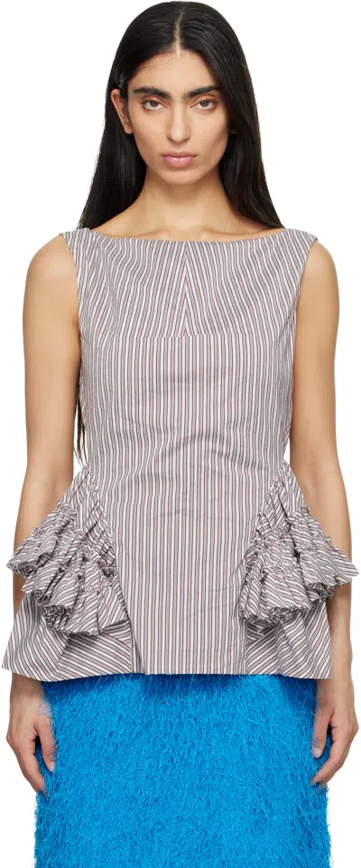 Dries Van Noten Brown & White Ruffled Peplum Blouse In Gray