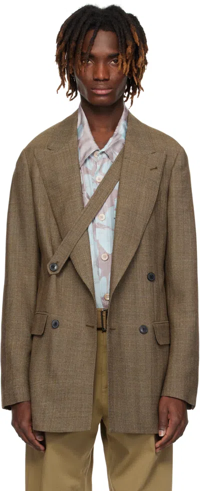 Dries Van Noten Brown Check Blazer In 203 Mustard
