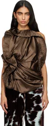 Dries Van Noten Asymmetric Draped Silk-blend Satin Top In Brown