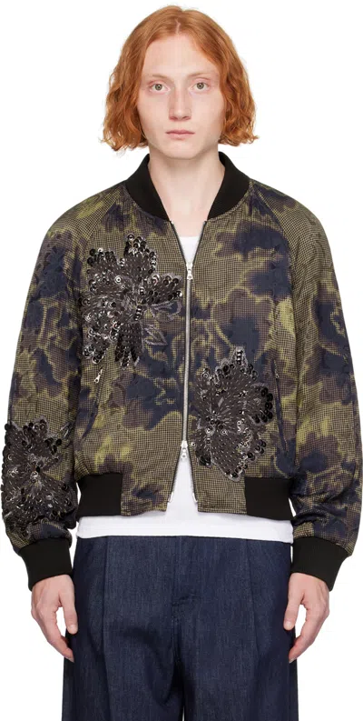 Dries Van Noten Mens Brown Bead-embellished Abstract-pattern Regular-fit Woven Bomber Jacket