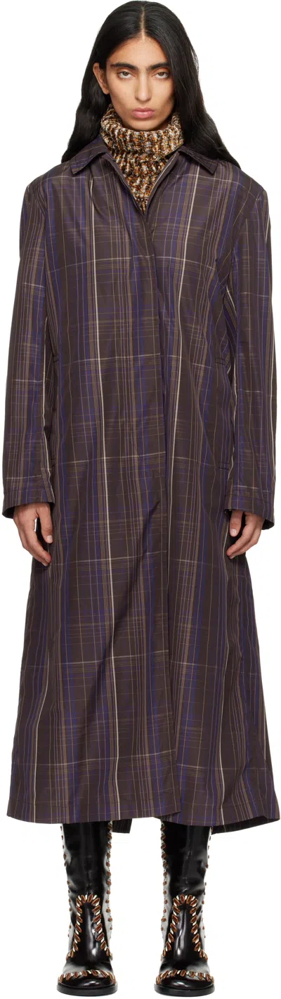 Dries Van Noten Brown Micro Tartan Coat In Multi
