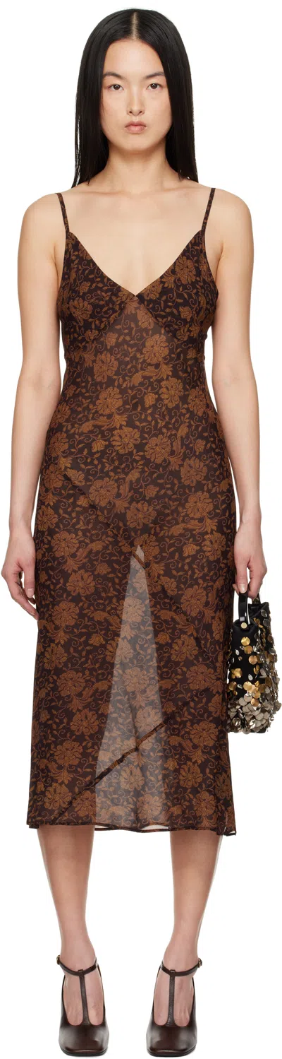 Dries Van Noten Brown Printed Midi Dress In 704 Dark Brown