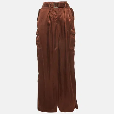 Pre-owned Dries Van Noten Brown Satin Belted Maxi Skirt Xl