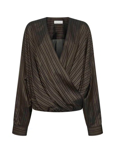 Dries Van Noten Women Brown Striped Cupro Draped Blouse In Green