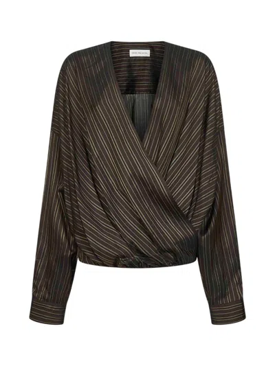 DRIES VAN NOTEN DRIES VAN NOTEN BROWN STRIPED CUPRO DRAPED BLOUSE
