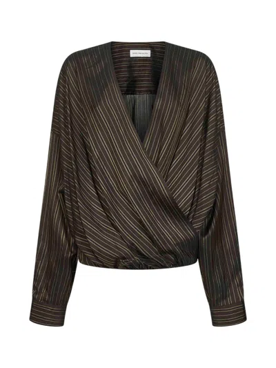 DRIES VAN NOTEN BROWN STRIPED CUPRO DRAPED BLOUSE