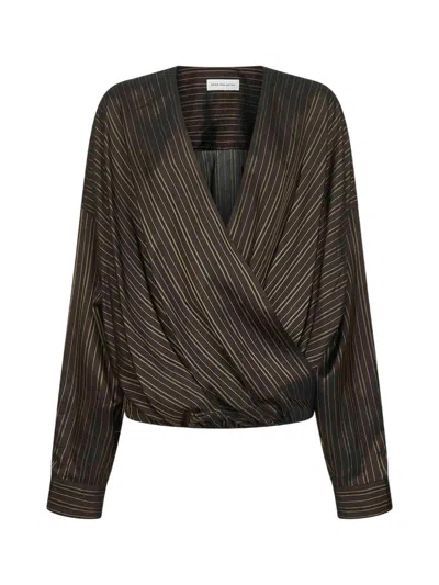 DRIES VAN NOTEN BROWN STRIPED CUPRO DRAPED BLOUSE