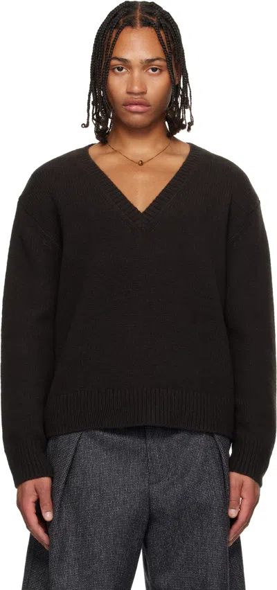 Dries Van Noten Brown V-neck Merino Wool Sweater In Black