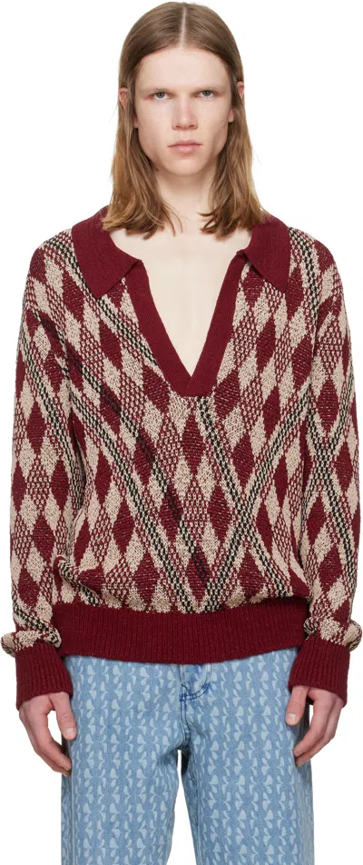 Dries Van Noten Burgundy & Beige Argyle Polo In Neutral