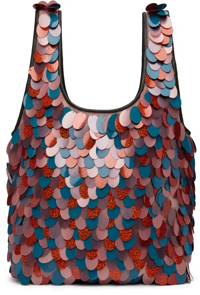 DRIES VAN NOTEN BURGUNDY & BLUE SEQUINNED TOTE