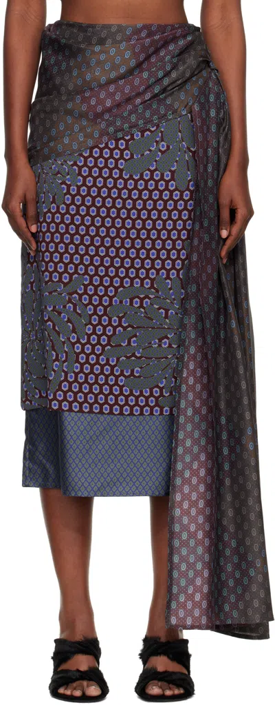 Dries Van Noten Burgundy & Green Layered Tie Motif Midi Skirt
