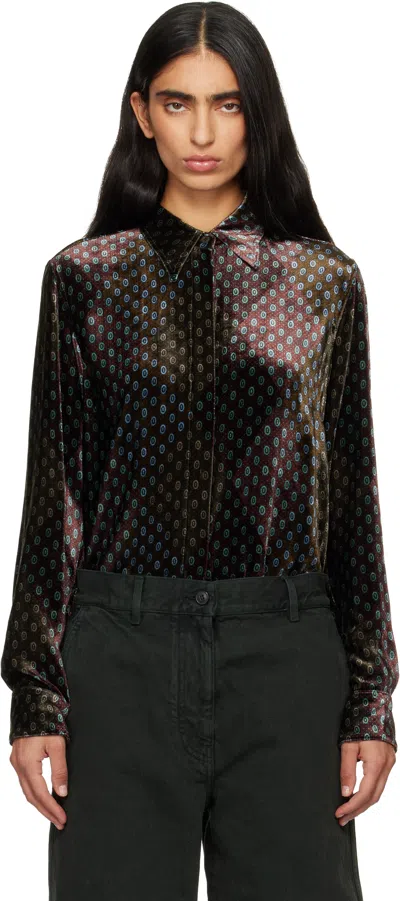DRIES VAN NOTEN BURGUNDY & KHAKI PRINTED VELVET SHIRT