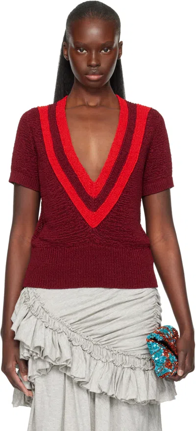 Dries Van Noten Burgundy V-neck Knit Sweater In Red