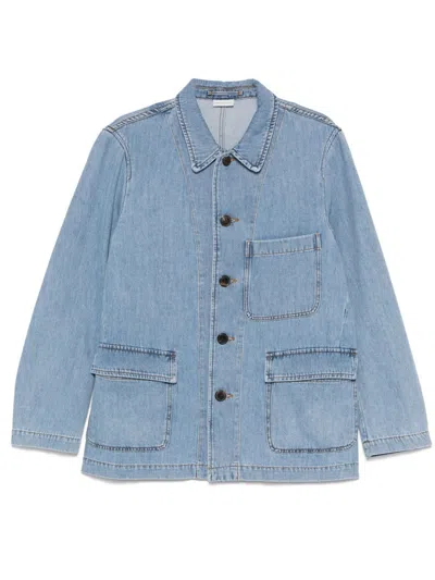 Dries Van Noten Button-up Long Sleeve Top With Chest And Flap Pockets In Blue