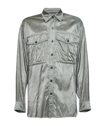 Dries Van Noten Mint Green Viscose And Cotton Shirt With Chest Pockets In Gray