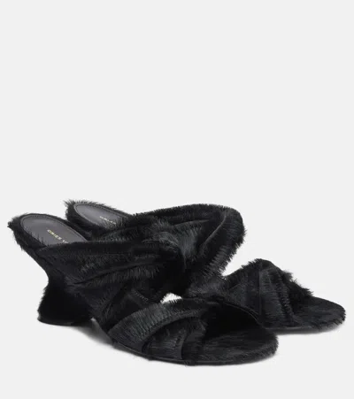 Dries Van Noten Calf Hair Wedge Sandals In Black