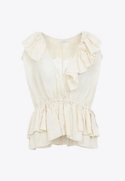 Dries Van Noten Sleeveless Top Elastic Waist Ruffled Neckline In White