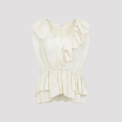 Dries Van Noten Sleeveless Top Elastic Waist Ruffled Neckline In White