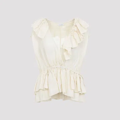 Dries Van Noten Sleeveless Top Elastic Waist Ruffled Neckline In White