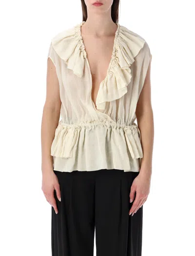 Dries Van Noten Sleeveless Top Elastic Waist Ruffled Neckline In White