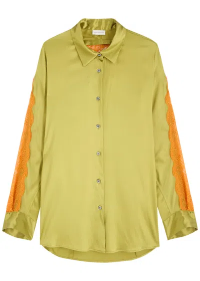 Dries Van Noten Camia Lace-embellished Stretch-silk Shirt In Olive