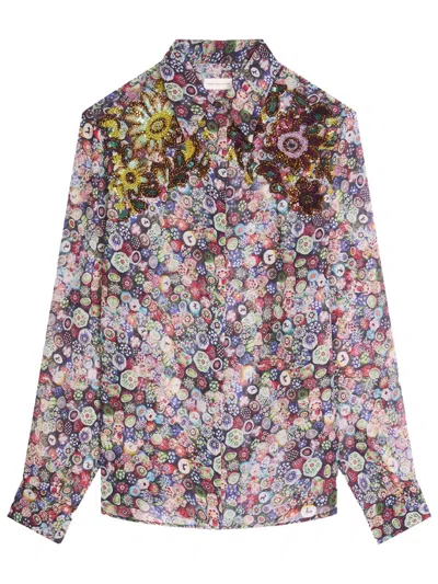 Dries Van Noten Camicia Aderente In Viscosa Ricamata In Multi