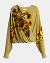 Dries Van Noten Camiel Leopard Orchid Print Faux Wrap Top In Ocra
