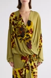 Dries Van Noten Camiel Leopard Orchid Print Faux Wrap Top In Yellow