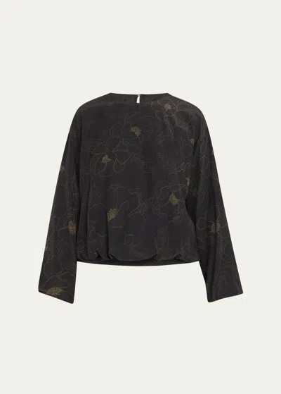 Dries Van Noten Capo Floral Print Shirt With Elastic Hem In Black