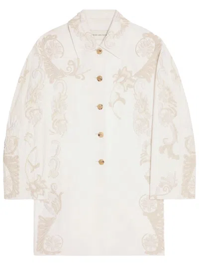 Dries Van Noten Matador Hand Embroidery A-line Cotton Coat In White