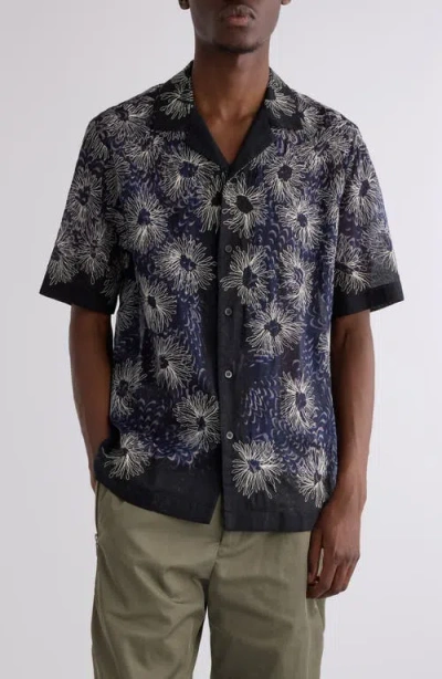 Dries Van Noten Carltone Floral Embroidered Camp Shirt In Blue