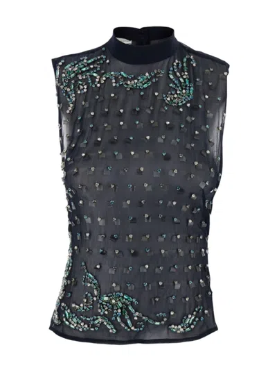 Dries Van Noten Embellished High Neck Sheer Sleeveless Top In Blue