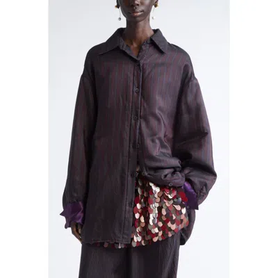 Dries Van Noten Cartan Oversize Padded Stripe Button-up Shirt With Detachable Cuffs In Burgundy