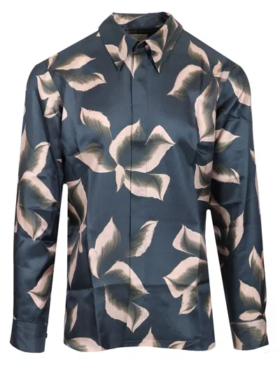 Dries Van Noten 'carvies' Floral Silk Shirt With Cuffed Long Sleeves In Blue