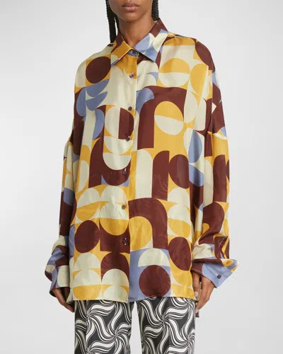 Dries Van Noten Casia Abstract-print Oversized Silk Collared Shirt In Brown