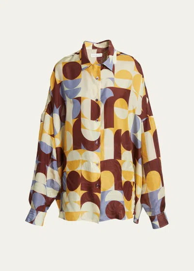 Dries Van Noten Casia Abstract-print Oversized Silk Collared Shirt In Rust