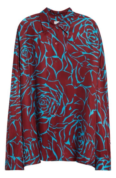 Dries Van Noten Casia Giant Couture Rose Print Satin Button-up Shirt In Pattern