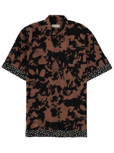 Dries Van Noten Cassidye Short Sleeve Camouflage Contrast Trim Shirt In Brown