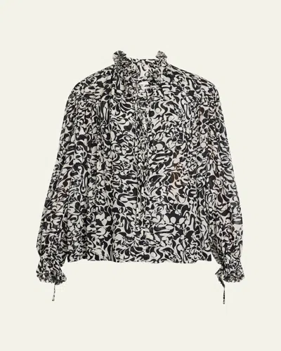 Dries Van Noten Catya Abstract-print Ruffle Peasant Shirt In Black