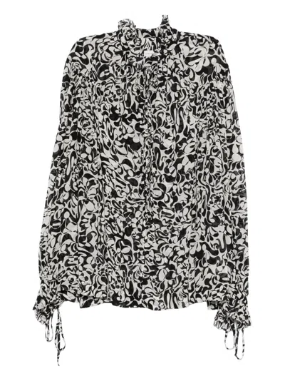 Dries Van Noten Catya Abstract-print Shirt With Ruffled Collar In Black