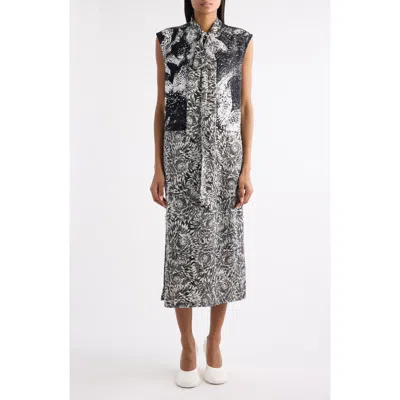 Dries Van Noten Cecussi Abstract Floral Tie Neck Midi Dress In Gray